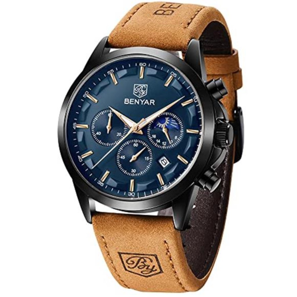 Mens Chronograph Watch Brown Leather Strap Big Face 3atm